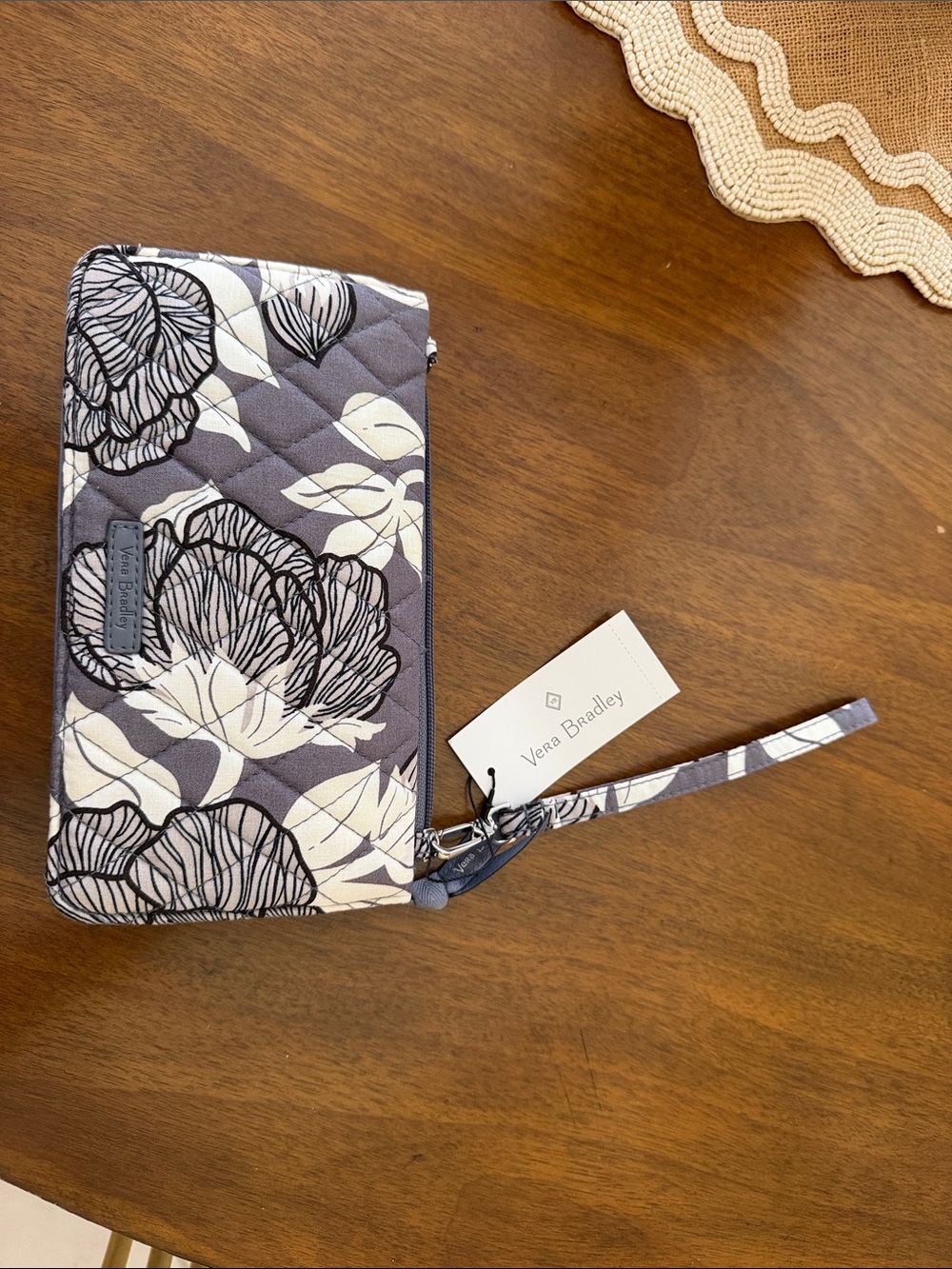Vera Bradley Gray, White & Black Floral Quilted Wristlet
